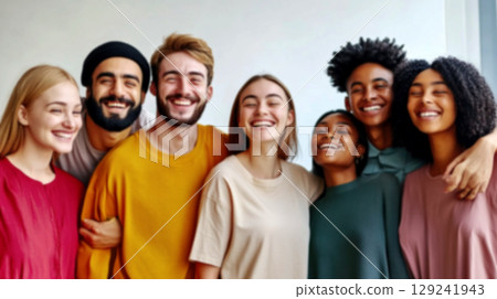 A vibrant image of diverse young people captured with a gentle blur, all sharing a joyful smile, conveying energy and happiness. Out of focus 129241943