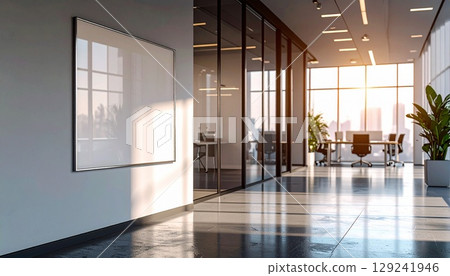 A mockup poster frame on an office wall with natural light 129241946