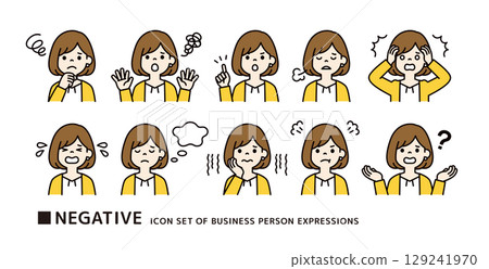 Icon material set of a young woman wearing a cardigan in a negative pose_Vector_Color 129241970