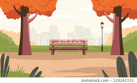 Urban Park Bench Framed by Autumn Trees 129242131