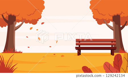 Empty Bench Surrounded by Autumn Leaves in City Park 129242134