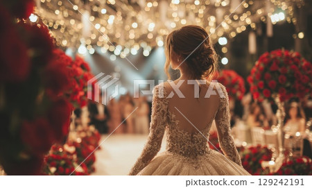 beautiful bride in elegant wedding dress in romantic decorated location 129242191