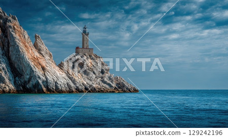 lighthouse on a cliff seascape in mystic night 129242196