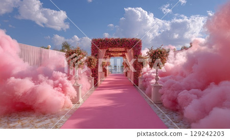 pink carpet entrance to vip event with clouds illustration 129242203