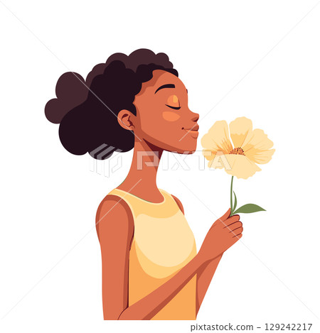 happy young woman smells a flower isolated vector illustration happy young woman smells a flower isolated vector illustration 129242217