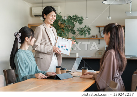 Businesswoman holding a marketing meeting (office casual, meeting) Businesswoman holding a marketing meeting (office casual, meeting) 129242237