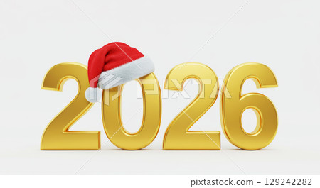 Golden 2026 with a Santa hat on white. New Year's, Christmas, and future celebrations. Golden 2026 with a Santa hat on white. New Year's, Christmas, and future celebrations. 129242282