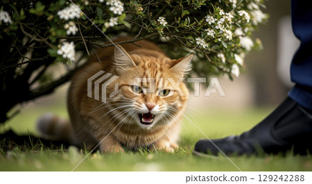 Angry orange cat in a defensive crouch on grass. Territorial animal behavior and aggression. Angry orange cat in a defensive crouch on grass. Territorial animal behavior and aggression. 129242288