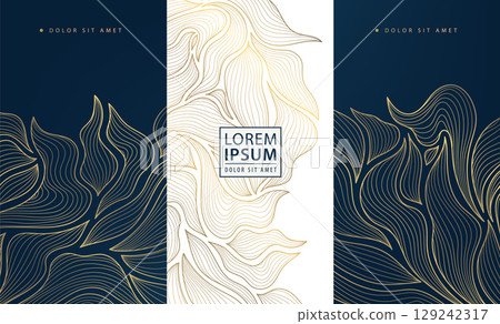 Vector set of luxury floral leaves art, golden on blue and white line leaf backgrounds, beauty package design. Elegant banners, brochures, flower premium elements Vector set of luxury floral leaves art, golden on blue and white line leaf backgrounds, beauty package design. Elegant banners, brochures, flower premium elements 129242317