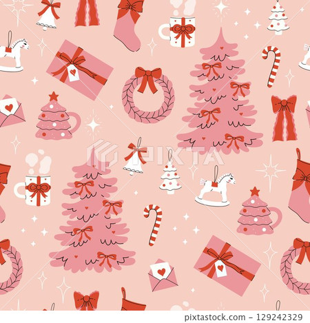 Seamless pattern of pink Christmas with winter attributes. Vector graphics. 129242329