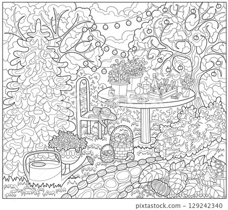 Hand drawn illustration with flowers and vegetables in the garden for coloring page. Line art illustration. Summer botanical and farming background with gardening objects, vintage concept Hand drawn illustration with flowers and vegetables in the garden for coloring page. Line art illustration. Summer botanical and farming background with gardening objects, vintage concept 129242340