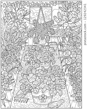 Hand drawn illustration with beautiful garden flowers in greenhouse for coloring page. Line art vector illustration. Summer botanical and farming background with gardening objects, vintage concept Hand drawn illustration with beautiful garden flowers in greenhouse for coloring page. Line art vector illustration. Summer botanical and farming background with gardening objects, vintage concept 129242341
