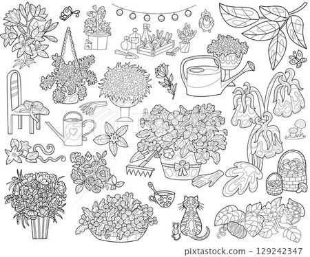 Vintage design set with gardening objects, plants and flowers isolated on white.  Line art cartoon vector illustration. Spring and summer botanical and farming  concept. 129242347