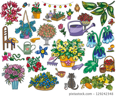Vintage design set of colorful stickers with gardening objects, plants and flowers isolated on white. Cartoon vector illustration with doodles. Spring and summer botanical and farming concept Vintage design set of colorful stickers with gardening objects, plants and flowers isolated on white. Cartoon vector illustration with doodles. Spring and summer botanical and farming concept 129242348