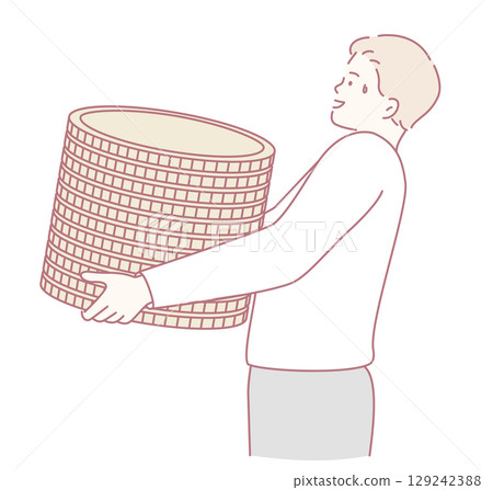 A Professional Media Stocker carries a heavy stack of coins, showing their dedication 129242388