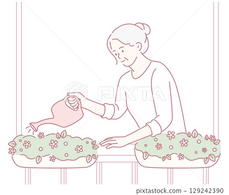 Gardening A Woman is Seen Watering Flower Pots in a Beautiful, Sunny Environment Gardening A Woman is Seen Watering Flower Pots in a Beautiful, Sunny Environment 129242390