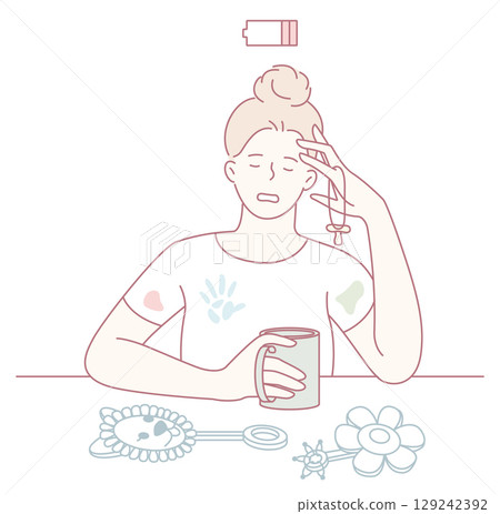 An Illustration showcasing a Tired Woman enjoying her Coffee while indulging in Crafts An Illustration showcasing a Tired Woman enjoying her Coffee while indulging in Crafts 129242392