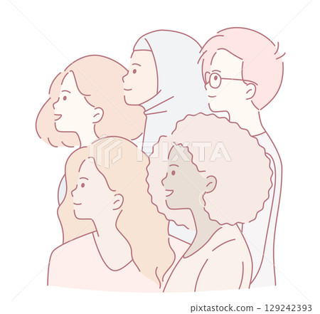 A Diverse Group of People Portrayed in a Creative Outline Style Design for Artistic Purposes 129242393