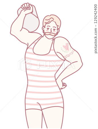 Artistic vintage strongman pose with muscular men, kettlebell, and strength symbolism Artistic vintage strongman pose with muscular men, kettlebell, and strength symbolism 129242400