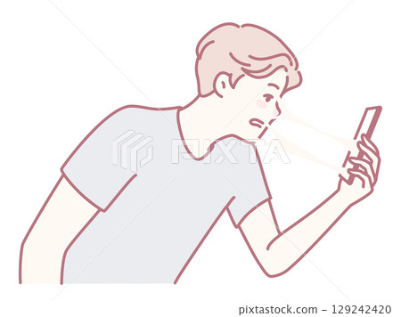 A frustrated user is engaged with their phone, showing modern struggles with technology 129242420