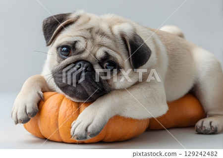 An adorable pug dog is comfortably lying on a vibrant orange pumpkin, creating a charming scene perfect for Halloween festivities. 129242482