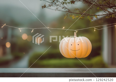 A happy Halloween pumpkin lantern hangs from glowing string lights outdoors at night. This festive decoration adds a warm glow to the autumn evening. 129242520