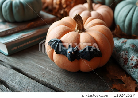 An orange pumpkin featuring a black bat rests on rustic wooden planks surrounded by other small pumpkins and vibrant fall leaves. 129242527