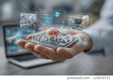 A hand presents a futuristic cyber technology device featuring a digital brain model and advanced health data projections for modern computing. 129242531