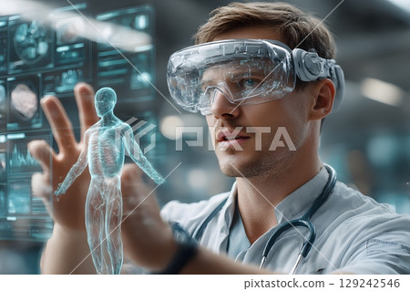 An individual uses innovative cyber technology to study a holographic human body, analyzing complex health data digitally. An individual uses innovative cyber technology to study a holographic human body, analyzing complex health data digitally. 129242546