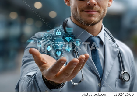 A hand displays an advanced cyber health technology interface, presenting innovative digital medical solutions for future wellness and care systems. 129242560