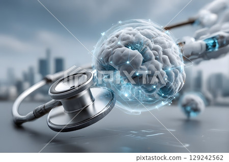 Advanced medical technology concept with a robotic arm interacting with a brain model, featuring cyber health data and a stethoscope. 129242562