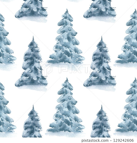 Watercolor winter forest trees seamless pattern isolated. Christmas trees monochrome repeated background hand drawn. Pine trees in pale fog colors. Spruce under snow for holiday prints, textile. Watercolor winter forest trees seamless pattern isolated. Christmas trees monochrome repeated background hand drawn. Pine trees in pale fog colors. Spruce under snow for holiday prints, textile. 129242606