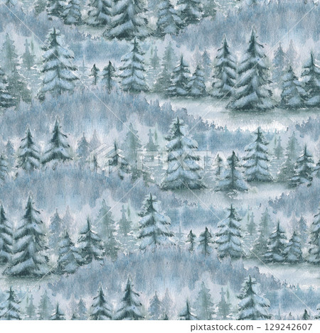 Watercolor winter scene of snowy firs and hazy spruce, foggy forest peaks seamless pattern isolated. Pine woodland soft colors repeated background hand drawn for Christmas packaging, textile, paper. Watercolor winter scene of snowy firs and hazy spruce, foggy forest peaks seamless pattern isolated. Pine woodland soft colors repeated background hand drawn for Christmas packaging, textile, paper. 129242607