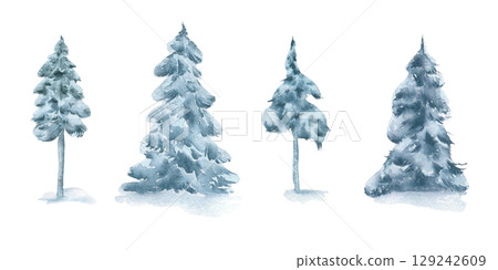 Set of winter Christmas trees in muted blue watercolor isolated on white. Evergreens trees in snowy fog hand painted. Pine, spruce in winter forest clipart for seasonal greeting cards, stationary. 129242609
