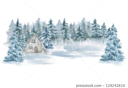 Winter landscape of wooden cabin, snowy fir trees and muted blue coniferous forest in soft watercolors isolated. Woodland illustration hand painted for ski resort branding and holiday cards background Winter landscape of wooden cabin, snowy fir trees and muted blue coniferous forest in soft watercolors isolated. Woodland illustration hand painted for ski resort branding and holiday cards background 129242610