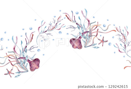 Watercolor underwater seamless border with corals, seaweeds, shells, starfish in pale pink colors isolated. Repeated background for textile, packaging, wallpaper ocean designs. Ocean creatures print. 129242615
