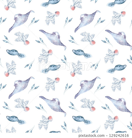 Stingrays swim pale blue coral and underwater flora watercolor seamless pattern isolated. Marine repeated background with monochrome sea life hand drawn for baby room decor, wrapping paper, fabric. Stingrays swim pale blue coral and underwater flora watercolor seamless pattern isolated. Marine repeated background with monochrome sea life hand drawn for baby room decor, wrapping paper, fabric. 129242616