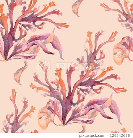 Seamless marine pattern of coral reef and fantasy seaweeds in soft pink and orange watercolor isolated. Hand painted underwater flora repeated design for summer packaging, textiles, and coastal decor. Seamless marine pattern of coral reef and fantasy seaweeds in soft pink and orange watercolor isolated. Hand painted underwater flora repeated design for summer packaging, textiles, and coastal decor. 129242626