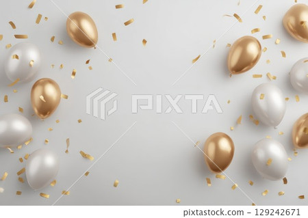 Glittering gold balloons with white specks and confetti. Joyful decor for celebration or party. Suitable for holiday event and festive backgrounds. 129242671
