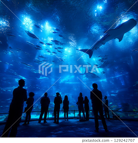 People watching whale sharks in a giant aquarium 129242707