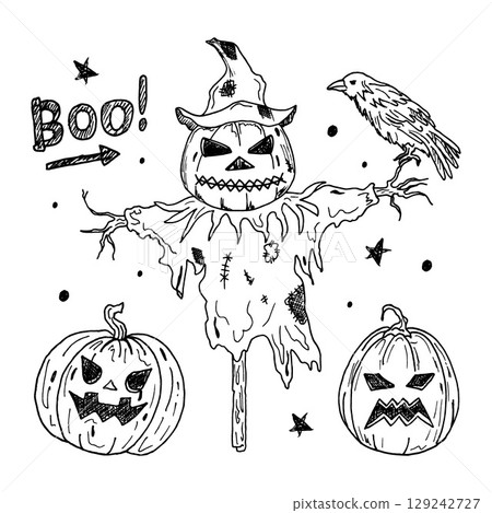 Scarecrow, crow, and pumpkins, a spooky set of elements for Halloween design. Doodle-style design elements, vector illustrations with black outlines for prints, postcards, sublimation, and stickers. Scarecrow, crow, and pumpkins, a spooky set of elements for Halloween design. Doodle-style design elements, vector illustrations with black outlines for prints, postcards, sublimation, and stickers. 129242727