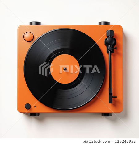 Orange retro vinyl record player on white background 129242952