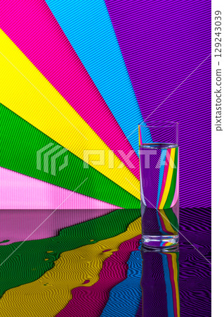 Abstract still life with a glass of water on a color bright background Abstract still life with a glass of water on a color bright background 129243039