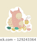 Cute pink monster and a mug of hot tea, coffee, cozy autumn picnic illustration 129243364