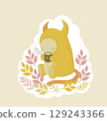 Cute monster spends time drinking a mug of hot tea, coffee, cozy autumn picnic 129243366
