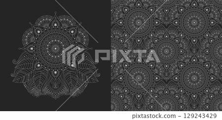 Seamless pattern and ornament, oriental, Asian-inspired design, dark palette 129243429