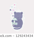 Happy sleeping pet cat is hugging a milk carton in a cartoon illustration 129243434