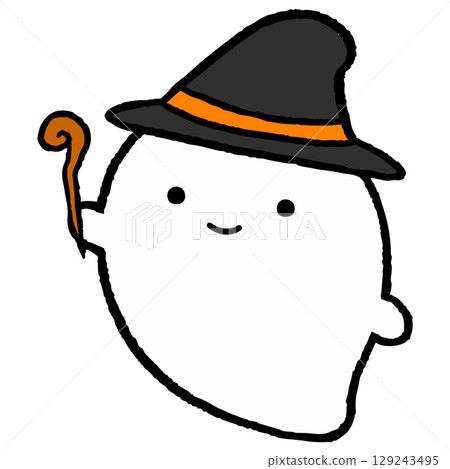 Illustration of a ghost wearing a witch's hat holding a magic wand 129243495