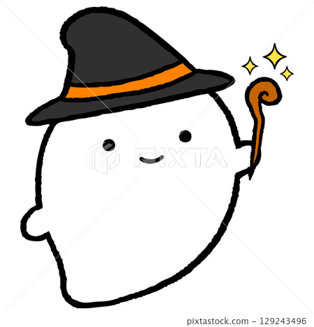 Illustration of a ghost wearing a witch's hat holding a magic wand 129243496