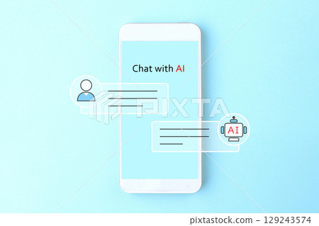 Image of AI and humans communicating using smartphones 129243574